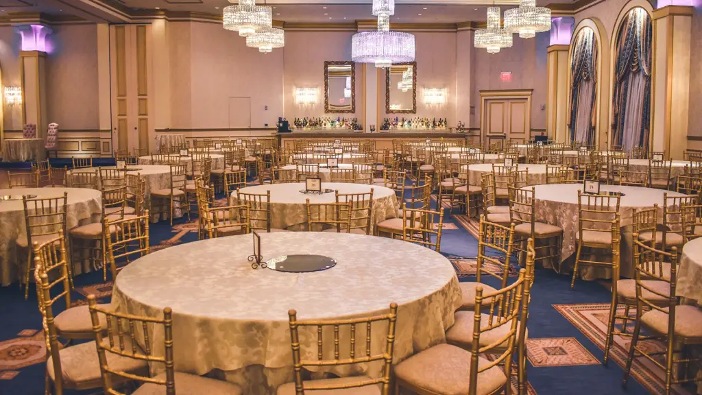 A hotel ballroom laid out with round banqueting tables