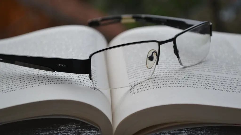 A pair of reading glasses resting on an open book